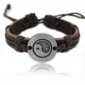 Bracelet fantaisie "Yin & Yang" en inox brossé et cuir