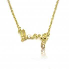 Collier fantaisie "Love" en métal doré, perle et strass