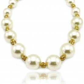 Collier fantaisie "Grosses Perles" en métal doré, strass et perles de synthèse